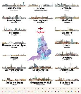Vector set of England largest cities skylines. Map and flag of England Stock Illustration
