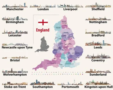 Vector set of England largest cities skylines. Map and flag of England Stock Illustration
