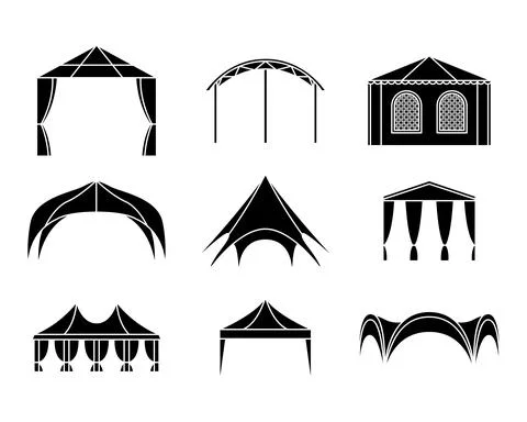 Vector set of event tent illustrations. Simple style. Ilustración de archivo
