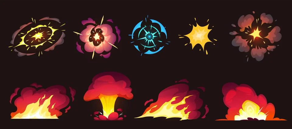 Vector set of explosion effects of different shapes and colors, with fire, smoke Stock Illustration