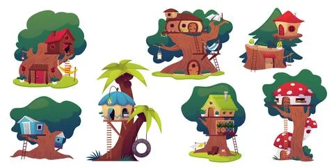 Vector set of fabulous treehouses with windows, stairs, hammocks and swings i Illustrazione stock