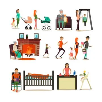 Vector set of family concept design elements, icons, flat style Illustrazione stock