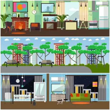 Vector set of family interior concept design elements, flat style イラスト素材