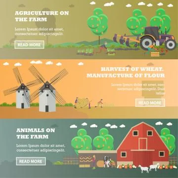 Vector set of farm horizontal banners in flat style Stock Illustration