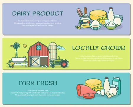 Vector set of farm horizontal banners in flat linear style Stock Illustration