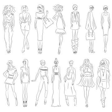 Vector set of fashion models in outlines Stock Illustration