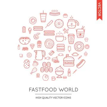 Vector Set of Fast Food Modern Flat Thin Icons Inscribed in Round Shape Stock Illustration