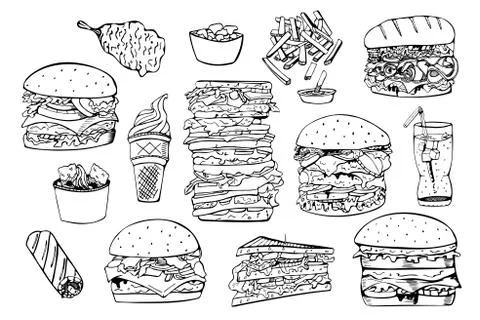 Vector set of fast food.Hand drawn Stock Illustration