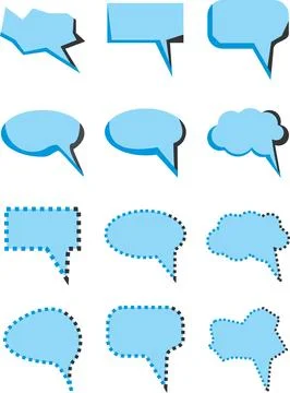 This vector set features 12 unique blue speech bubbles with various shapes .. Иллюстрация