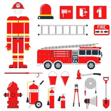 Vector Set Firefighter Fire safety Flat Icons and Symbols Illustrazione stock