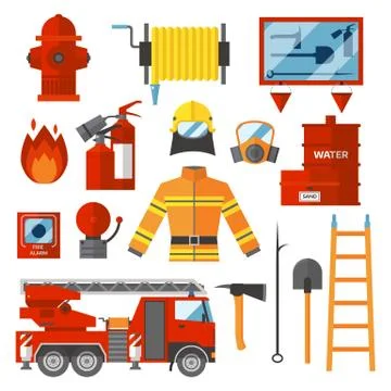 Vector Set Firefighter Fire safety Flat Icons and Symbols Illustrazione stock