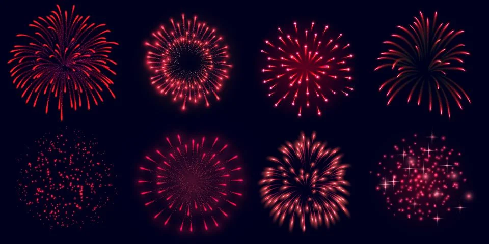 Vector set of firework explosion, red color, different shapes, with sparks Stock Illustration