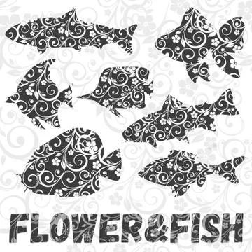 Vector set of fish silhouettes with flower pattern on background Stock Illustration