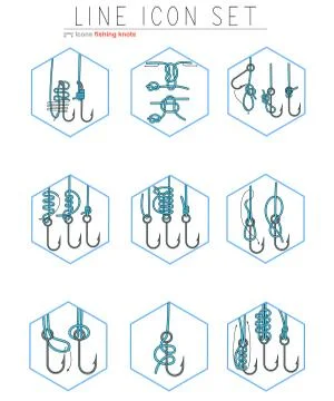 Vector set of fishing hooks line icons with different knots. Fisherman symbols Stock Illustration
