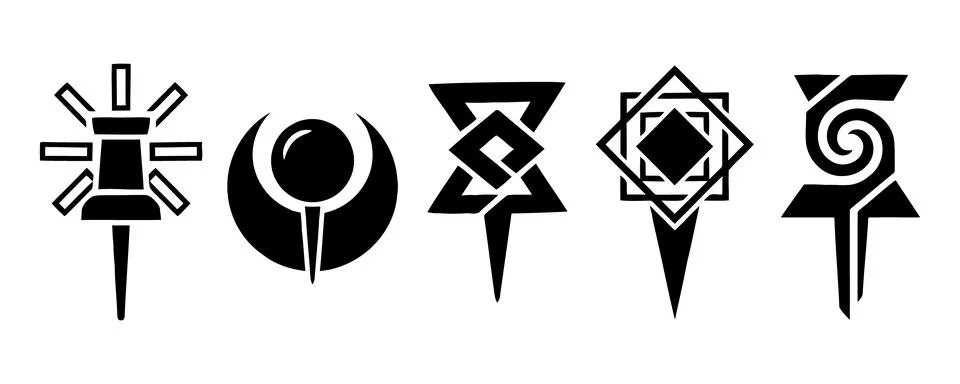 Vector of Set of five minimalist black tribal symbols icons Stock Illustration