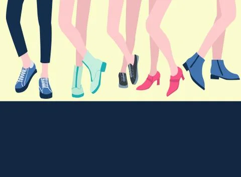 Vector set of five pairs of female legs in the shoes stylish footwear Flat de Stock Illustration