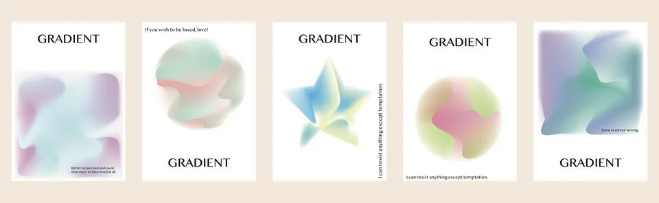 Vector set of five posters. Illustration concept of holographic liquid and .. Stock Illustration