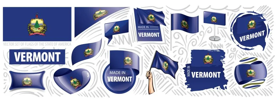 Vector set of flags of the American state of Vermont in different designs Stock Illustration