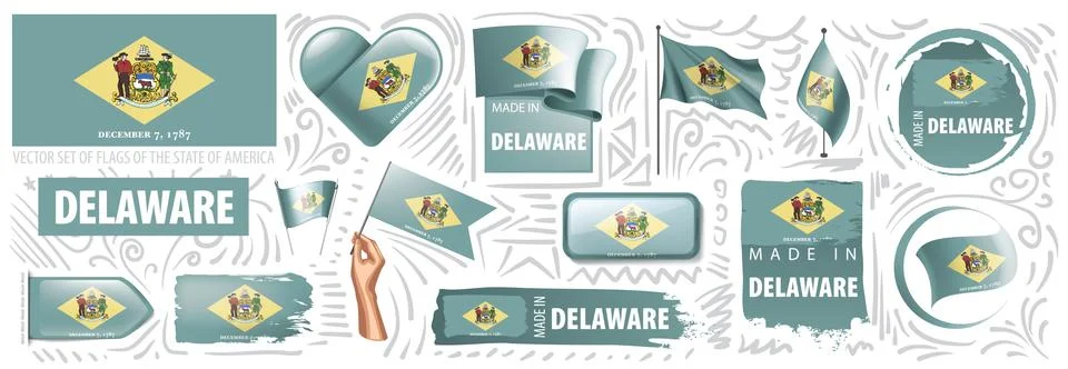 Vector set of flags of the American state of Delaware in different designs Stock Illustration