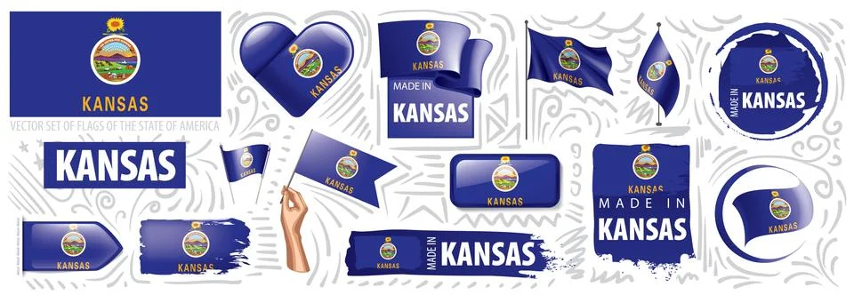 Vector set of flags of the American state of Kansas in different designs Stock Illustration