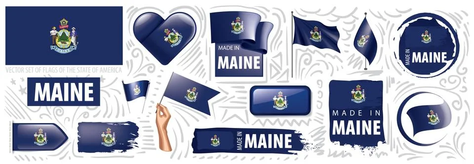 Vector set of flags of the American state of Maine in different designs Stock Illustration