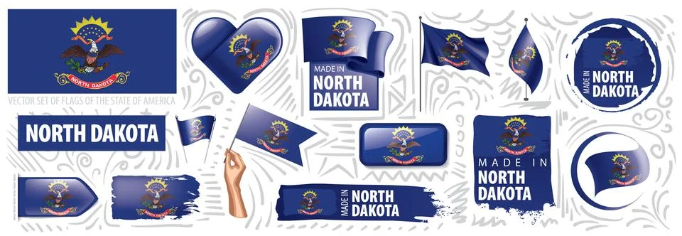 Vector set of flags of the American state of North Dakota in different designs Stock Illustration