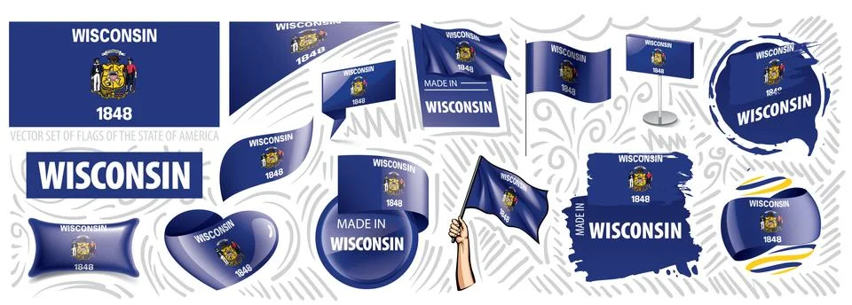 Vector set of flags of the American state of Wisconsin in different designs Stock Illustration