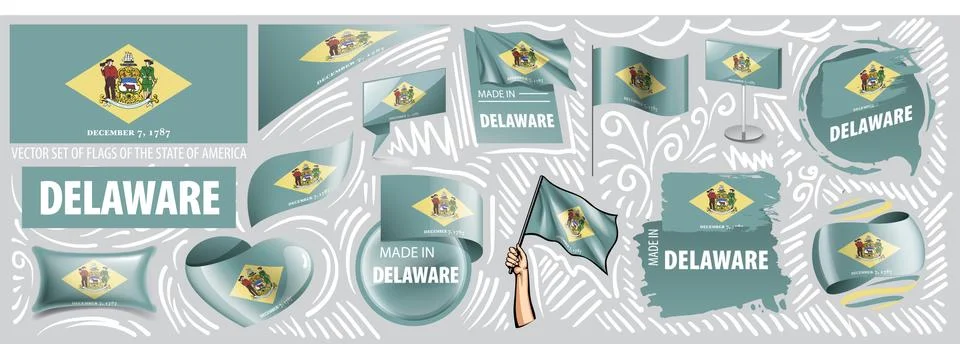 Vector set of flags of the American state of Delaware in different designs Stock Illustration