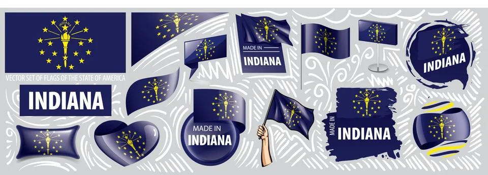 Vector set of flags of the American state of Indiana in different designs Stock Illustration