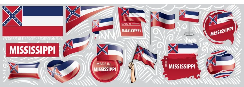 Vector set of flags of the American state of Mississippi in different designs Stock Illustration