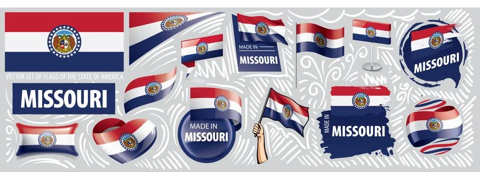 Vector set of flags of the American state of Missouri in different designs Stock Illustration
