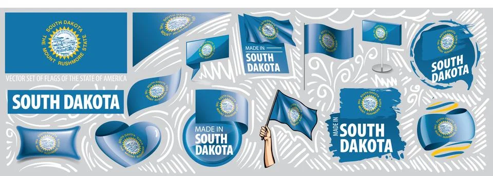Vector set of flags of the American state of South Dakota in different designs Stock Illustration