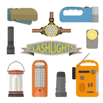 Vector set of flashlights in flat style. Design elements and icons isolated on Stock Illustration
