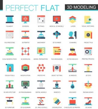 Vector set of flat 3d printing and modeling icons. Stock Illustration