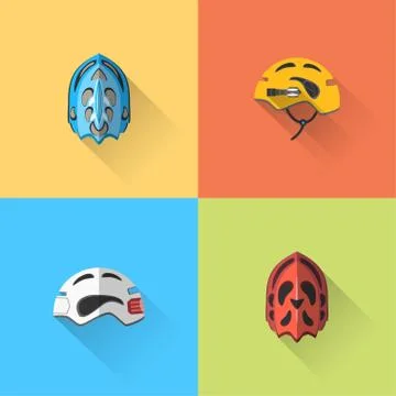 Vector set of flat bicycle helmets with long shadow on the color background. Stock Illustration