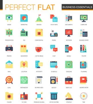 Vector set of flat Business Essentials icons. Stock Illustration