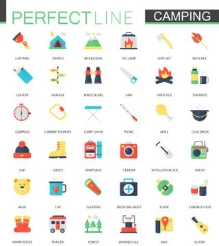 Vector set of flat Camping Hiking icons. Illustrazione stock