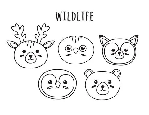 Vector set of flat cartoon doodle wild animal face Stock Illustration