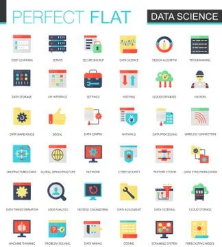 Vector set of flat data science, big data analytics, clous computing icons. Stock Illustration
