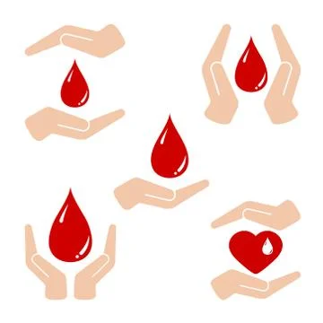 Vector set flat design handbreadth around red blood drop, heart with blood dr Stock Illustration