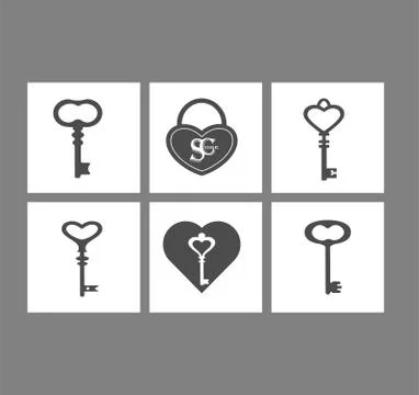 Vector set flat design icons of vintage keys and door locks, keyholes Stock Illustration