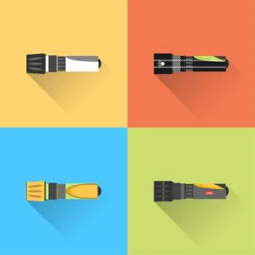 Vector set of flat flashlights with long shadow on the color background. Stock Illustration