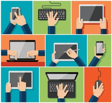 Vector set of flat hand icons holding various hi-tech devices Stock Illustration