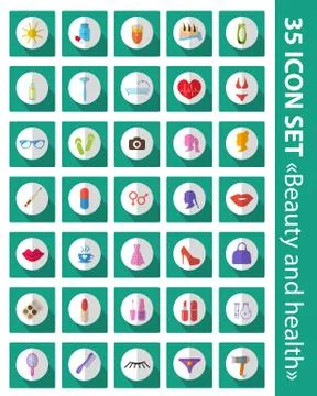 Vector set of flat icons beauty, fashion, health. Cosmetics and body care, 35 Stock Illustration