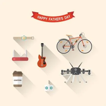 Vector set of flat icons of drone ans remote control, red knife and guitar, w Stock Illustration
