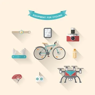 Vector set of flat icons of equipment for cycling with drone and remote contr Stock Illustration