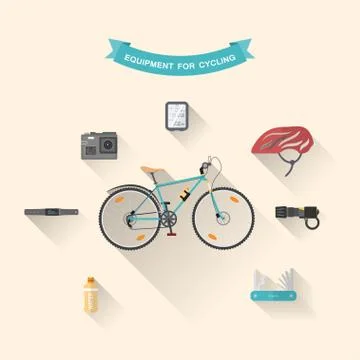 Vector set of flat icons of equipment for cycling with flashlight, tools and Stock Illustration