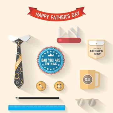 Vector set of flat icons of gray tie with ribbon, blue label, red penknife, y Stock Illustration