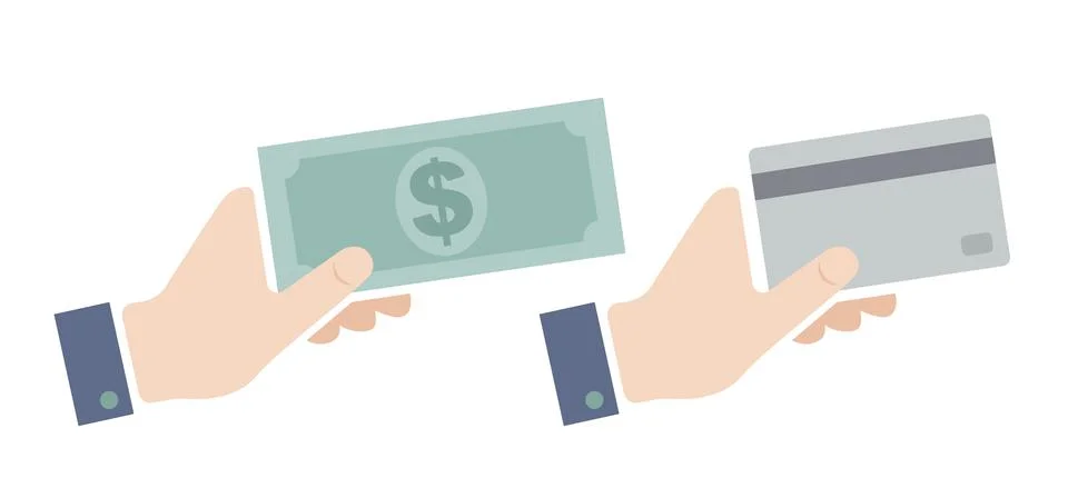 Vector set flat icons of hand with card and money. Stock Illustration