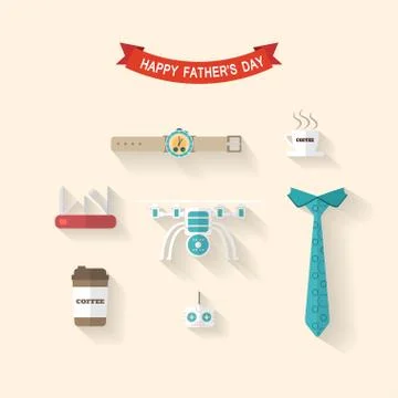 Vector set of flat icons of turquoise tie with hexagon pattern, drone ans rem Stock Illustration